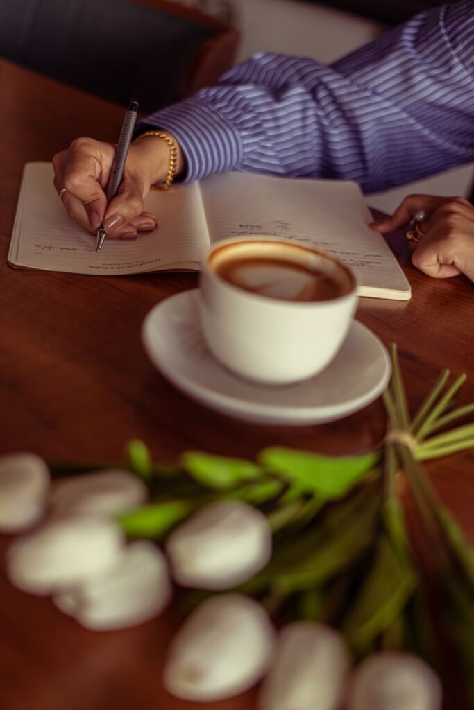photo of a journal and cup of tea/coffee
