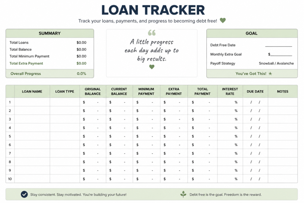 Simple table/spreadsheet graphic showing loan tracking